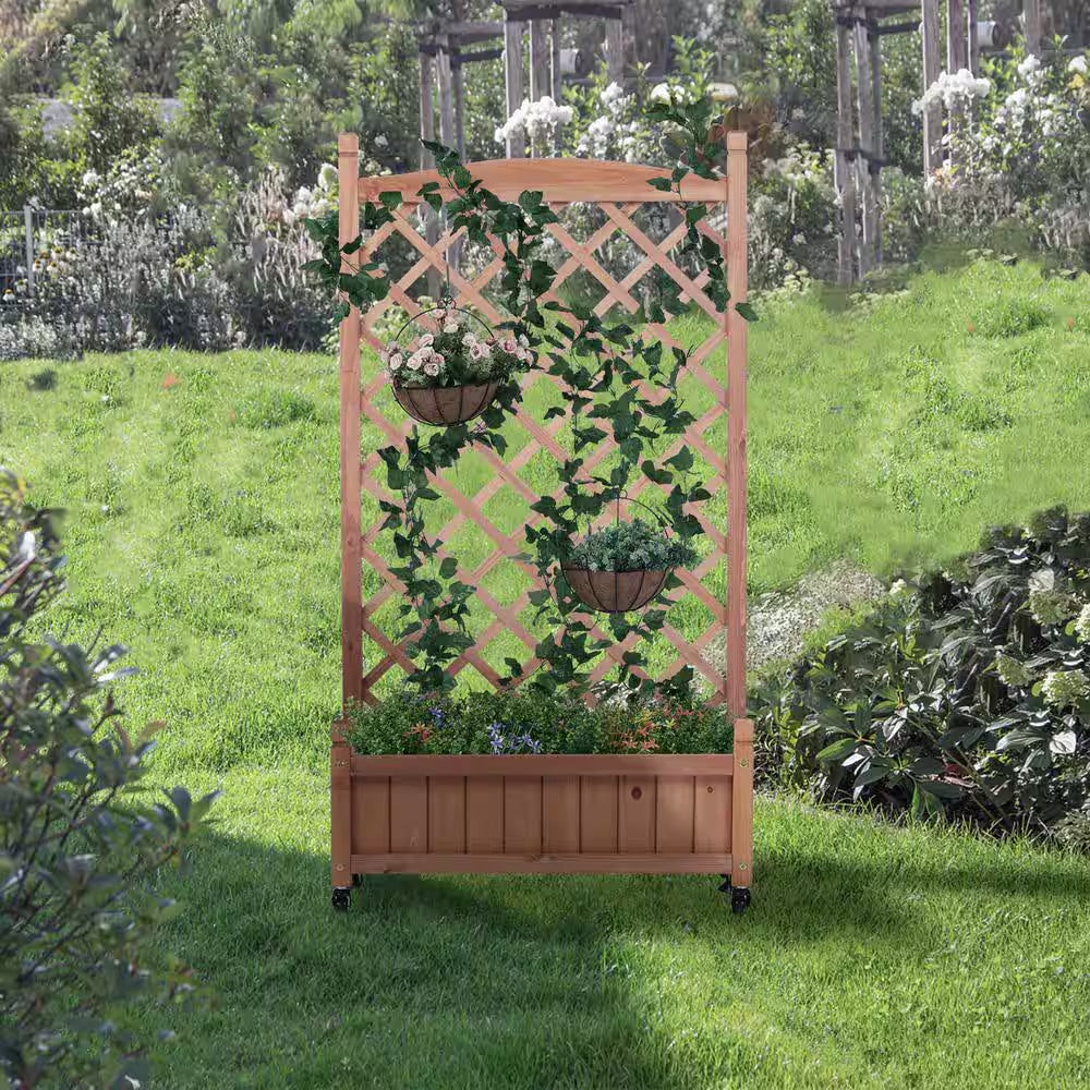 42.3 In. H Rectangle Brown Wood Raised Garden Bed with Trellies, Outdoor Garden Raised Planter Box (2-Pack)
