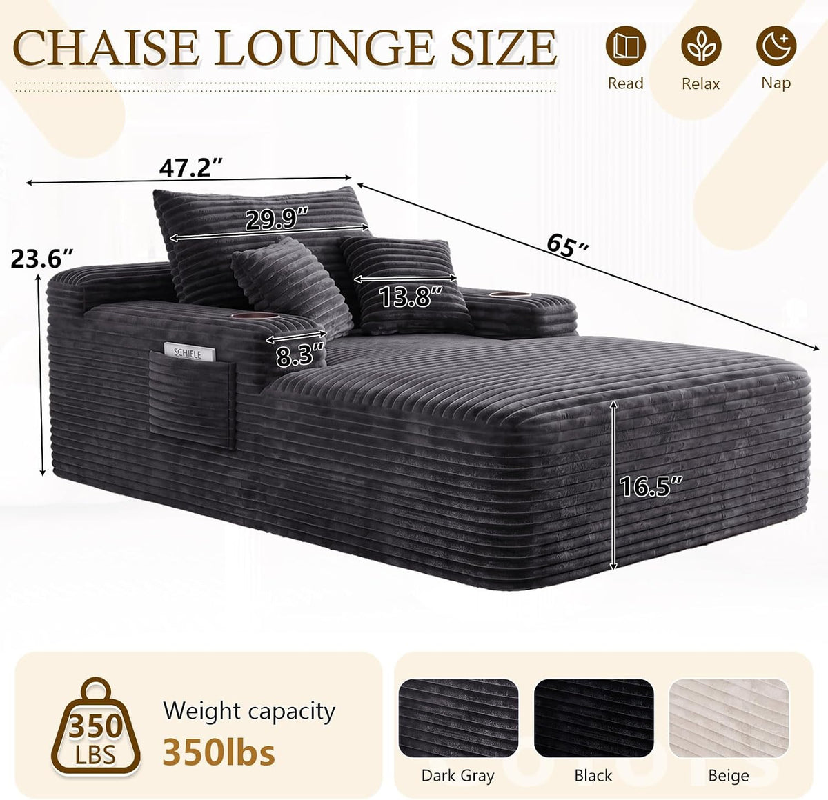 65" Oversized Chaise Lounge Chair Indoor, Boneless Chaise Lounge Chair with Cup Holders Side Pockets 3 Pillows, Cloud Corduroy Chaise Sofa Bed Sleeper Couches for Living Room No Assembly Require,Grey