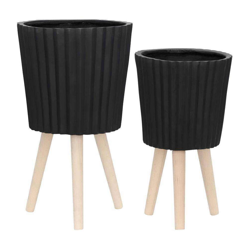 10 In. and 12 In. Black Resin Ridged Decorative Planter with Wood Legs (2-Pack)