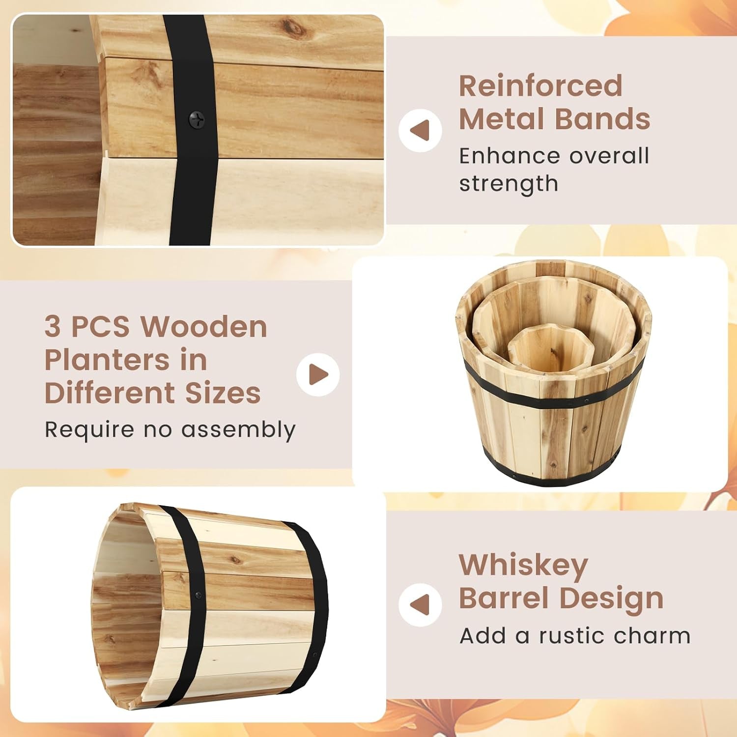 Wooden Plant Pots, 3 Solid Acacia Wood Whiskey Barrel Planters W/Drainage Holes for Flower Herb Shrub, Multi Sizes Indoor Outdoor Patio Planting Flower Pots Home Decoration
