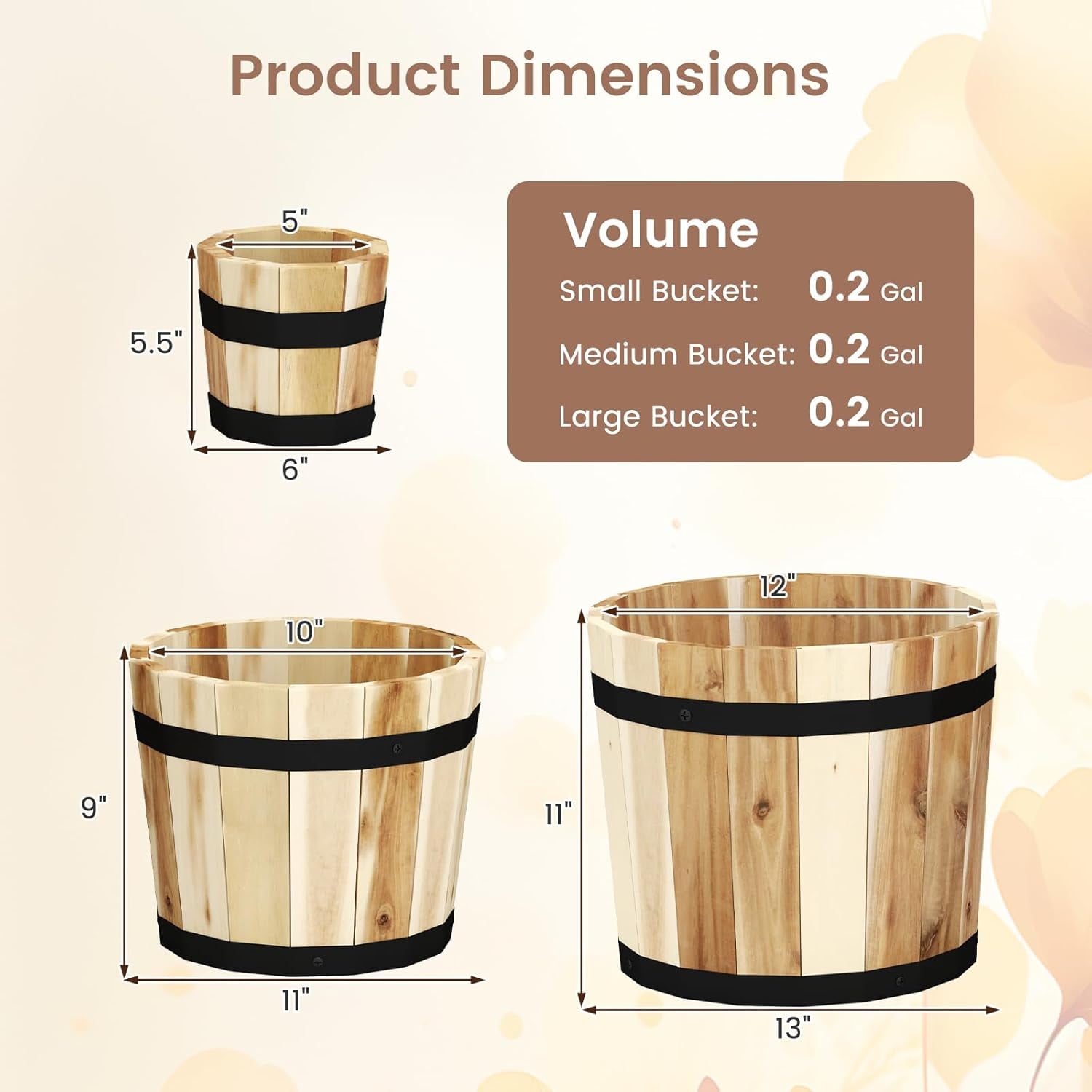 Wooden Plant Pots, 3 Solid Acacia Wood Whiskey Barrel Planters W/Drainage Holes for Flower Herb Shrub, Multi Sizes Indoor Outdoor Patio Planting Flower Pots Home Decoration