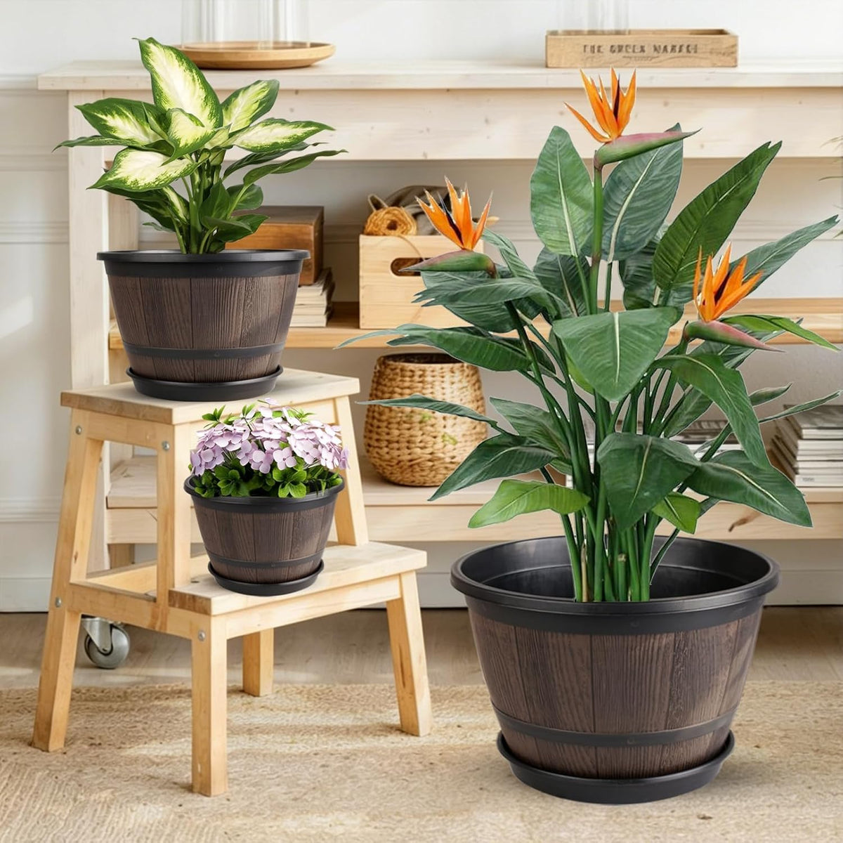 16-Inch-Large-Pots-For-Plant-Outdoor, 4 Pack Plastic Whiskey Barrel Planters Plant Pots with Drainage Hole & Saucer, Decorative Indoor Flower Pot for House Garden Porch