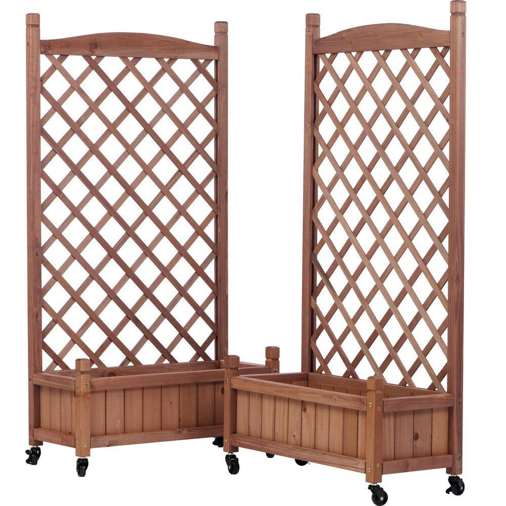 42.3 In. H Rectangle Brown Wood Raised Garden Bed with Trellies, Outdoor Garden Raised Planter Box (2-Pack)