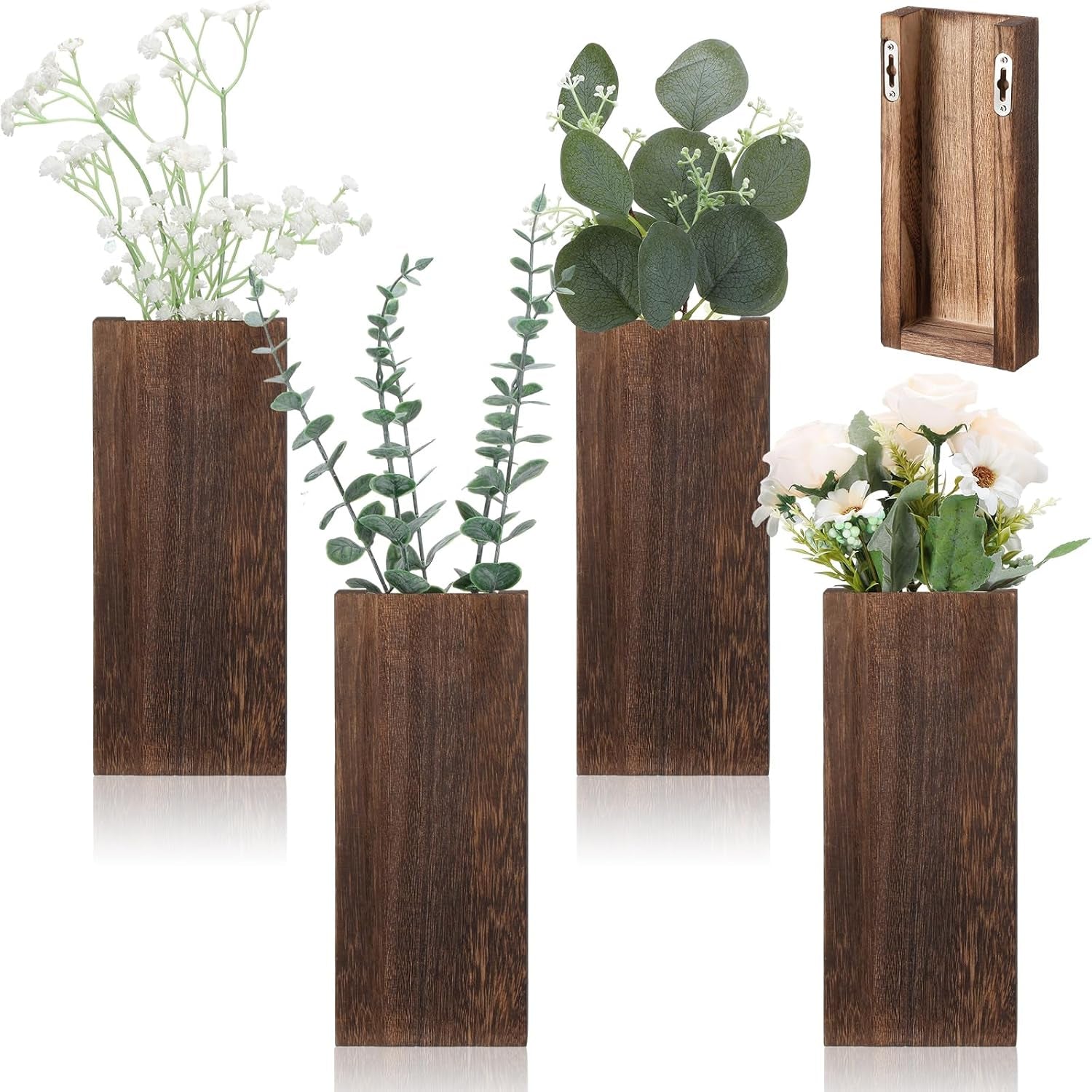 4 Pack Wood Wall Planter for Dried Flowers and Artificial Greenery Indoor Plants Holder, Wood Wall Decor Wooden Pocket Vase Modern Farmhouse Hanging Flowers for Living Room Bedroom Home