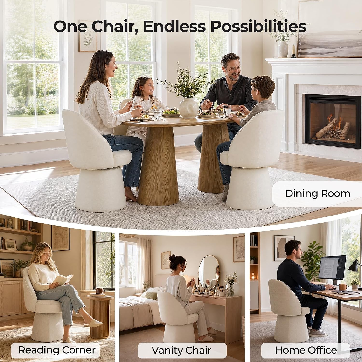 CHITA Swivel Dining Chairs Set of 2, Upholstered Modern Dining Chairs with High Back, Kitchen Chairs for Dining Room, Vanity Chairs for Bedroom, Cream