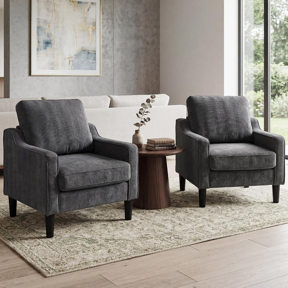 Dark Grey Accent Chairs Set of 2, Comfy Arm Chairs for Living Room, Office |  Club Chair, Reading Chairs for Bedroom, Waiting Area Seating, Small Space Office Chairs, Supportive Wide Seat