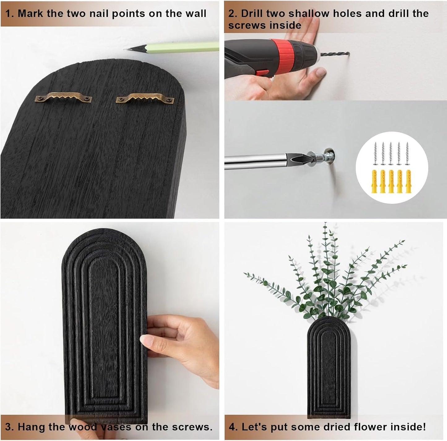 Wooden Wall Art Decor: Wall Vases for Indoor Artificial Plants & Flowers, Wood Wall Hanging Planters for Home Decor - Bathroom, Living Room, Bedroom, Patio (Black)