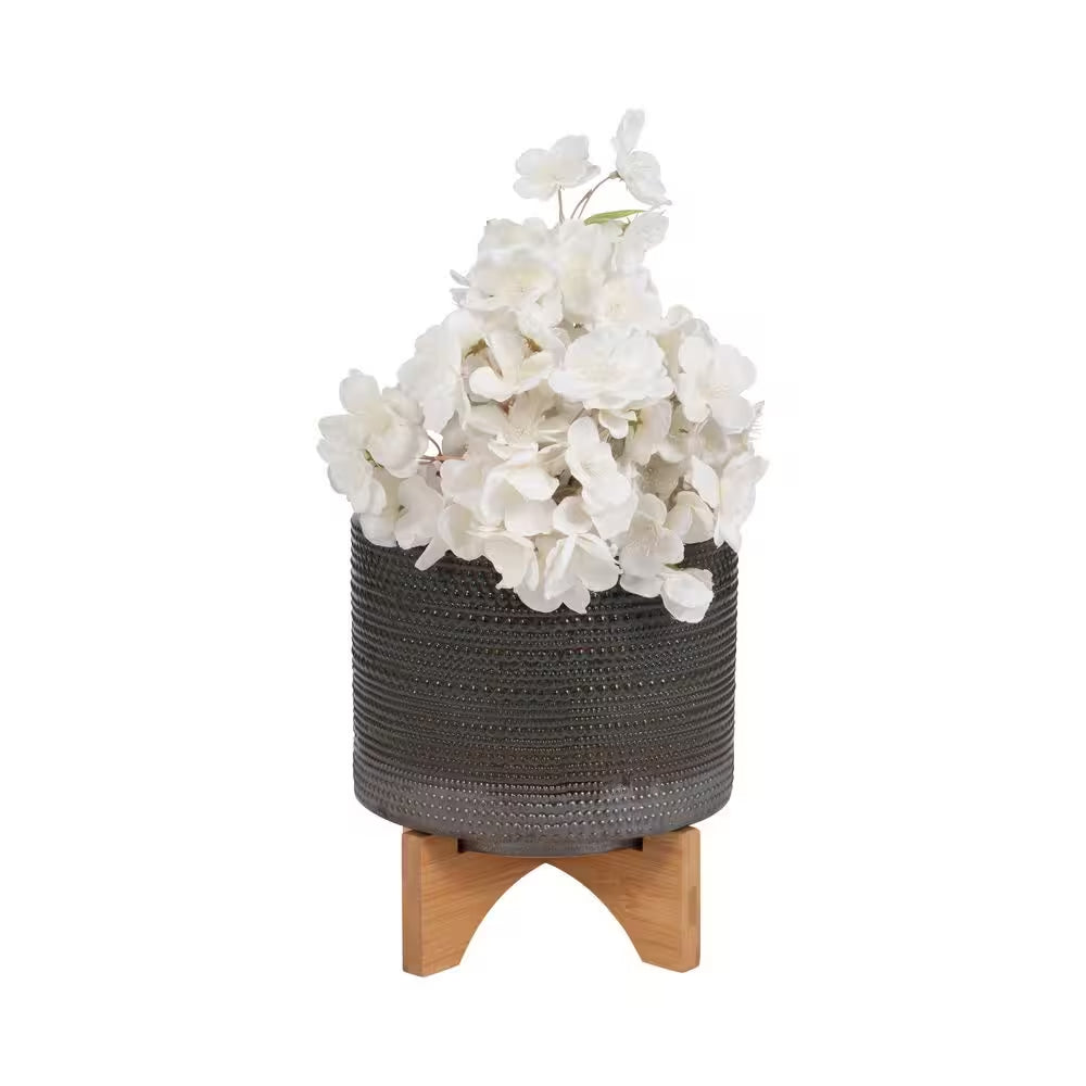 8 In. W X 10 In. Green Ceramic Dotted Decorative Pot on Wooden Stand