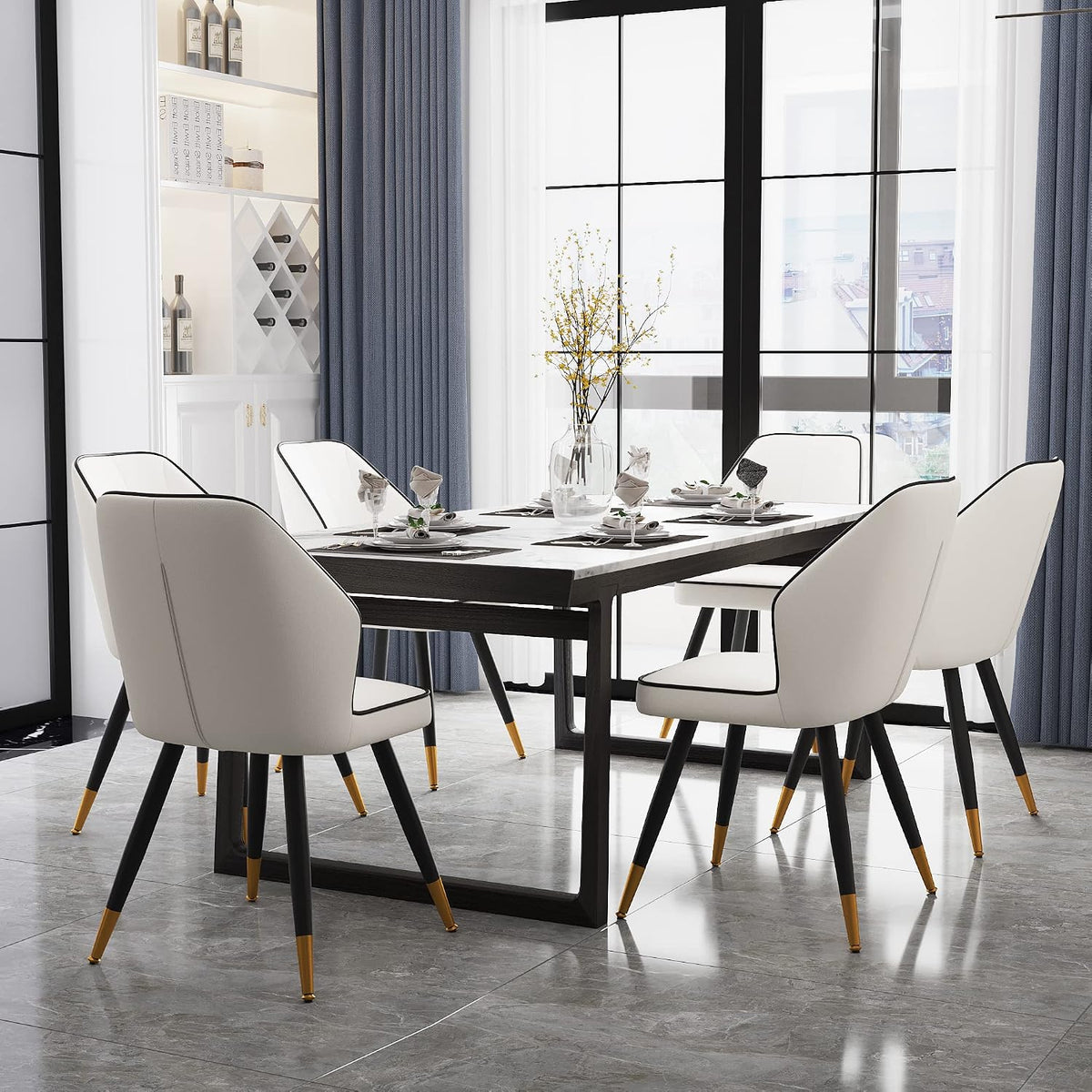 White Faux Leather Dining Chairs Set of 2, Modern Upholstered Accent Kitchen Dining Room Chairs Armless Side Chairs with Metal Legs