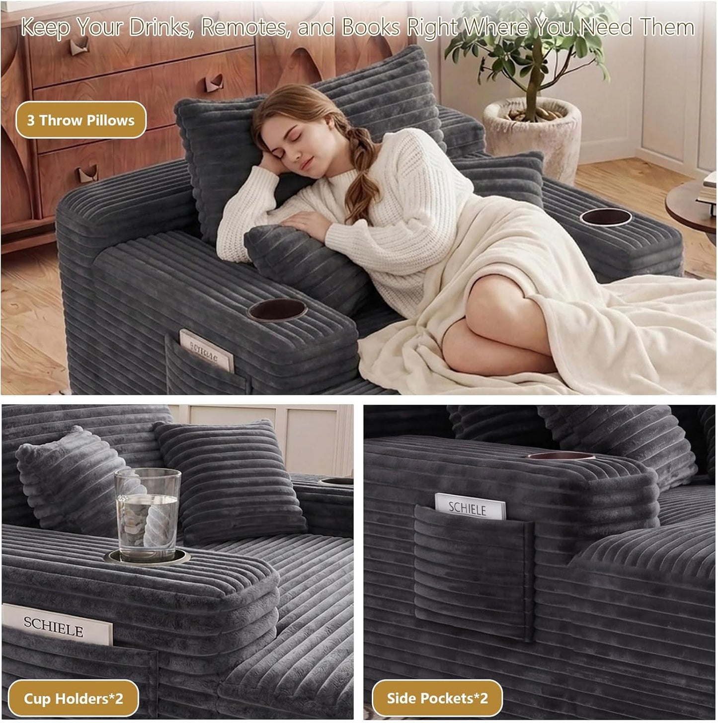 65" Oversized Chaise Lounge Chair Indoor, Boneless Chaise Lounge Chair with Cup Holders Side Pockets 3 Pillows, Cloud Corduroy Chaise Sofa Bed Sleeper Couches for Living Room No Assembly Require,Grey