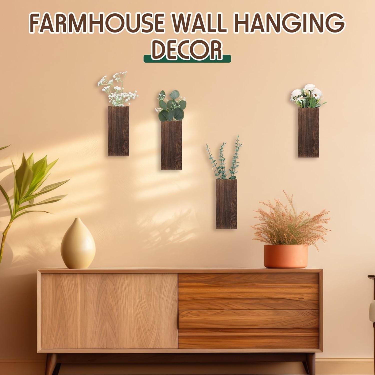 4 Pack Wood Wall Planter for Dried Flowers and Artificial Greenery Indoor Plants Holder, Wood Wall Decor Wooden Pocket Vase Modern Farmhouse Hanging Flowers for Living Room Bedroom Home