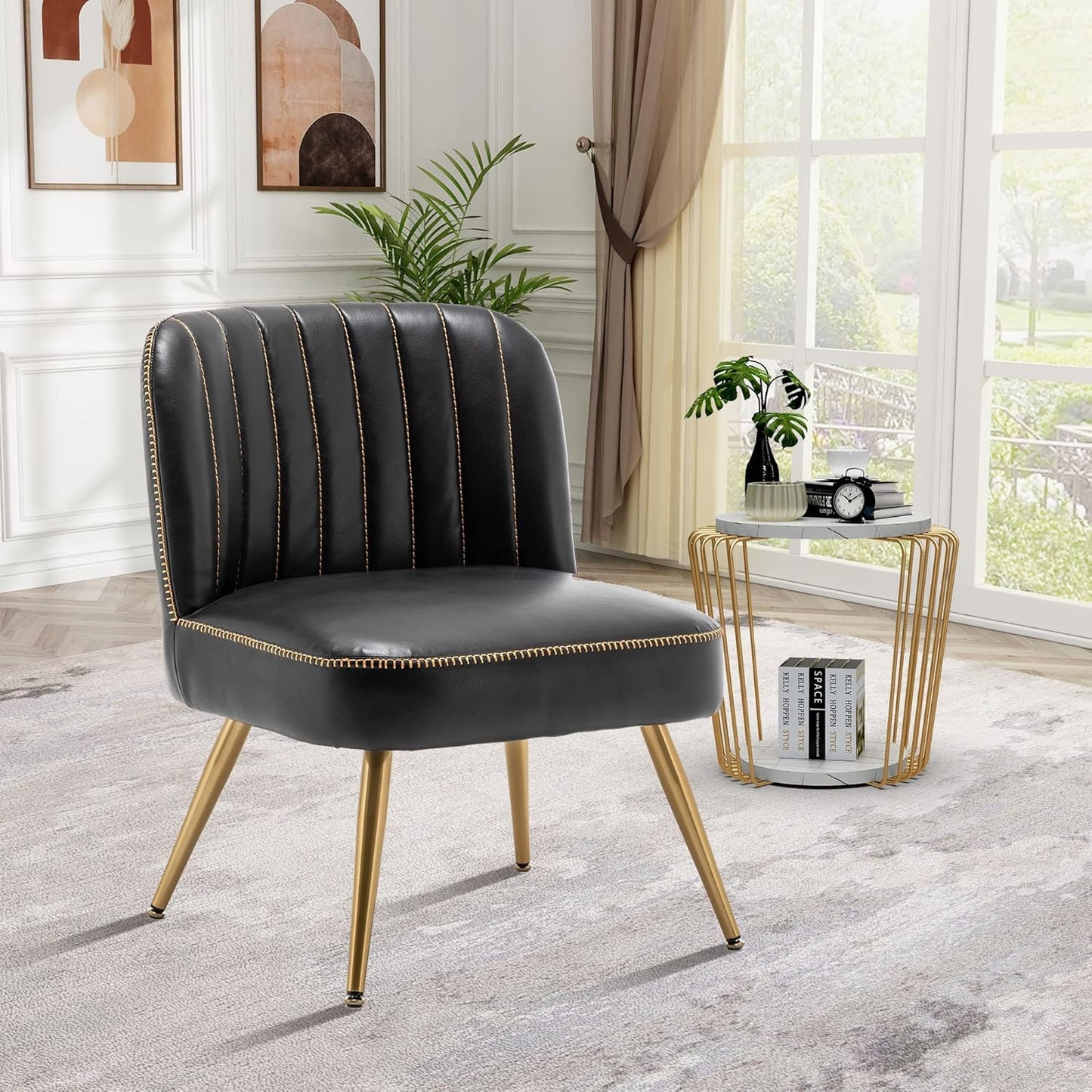 Faux Leather Accent Chairs Set of 2, Upholstered Living Room Chairs Modern Side Chairs Armless Chairs with Metal Legs (Black, Set of 2)