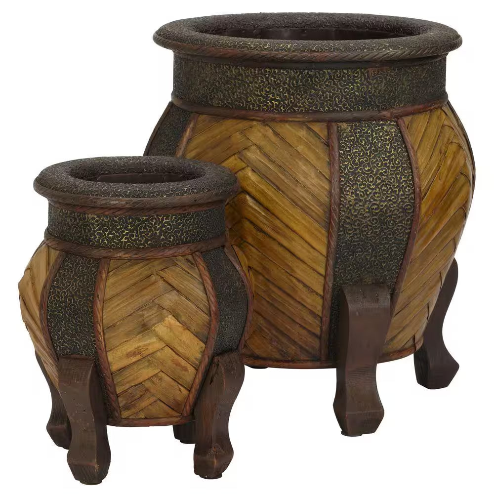 15 In. H Brown Decorative Rounded Wood Planters (Set of 2)