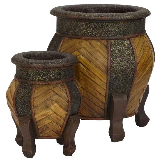 15 In. H Brown Decorative Rounded Wood Planters (Set of 2)
