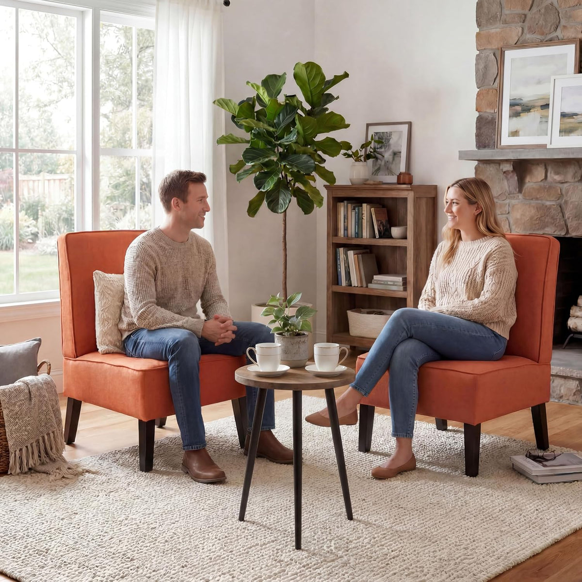 Accent Chairs Set of 2 Upholstered Living Room Chairs Armless Side Chairs Bedroom Chairs with Curved Backrest and Wooden Legs Orange