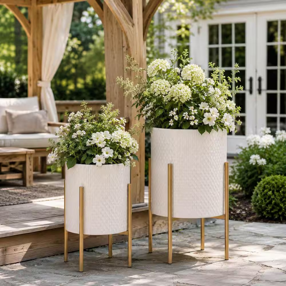 11 In. and 14 In. White Metal with Stand Planters (Set of 2)