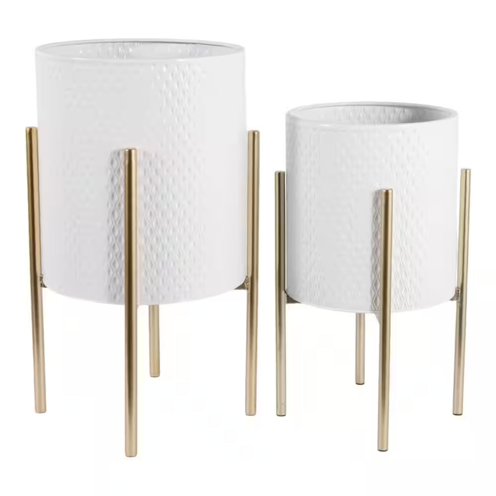11 In. and 14 In. White Metal with Stand Planters (Set of 2)