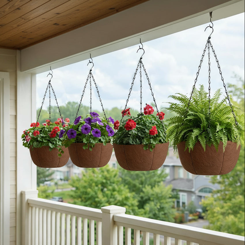 Hanging Planters for Outdoor Plants, 10 Inch 4 Pack Fabric Hanging Baskets with Drainage Tray, Decorative Hanging Pots for Plants Outdoor Patio Porch Garden Use（Brown）