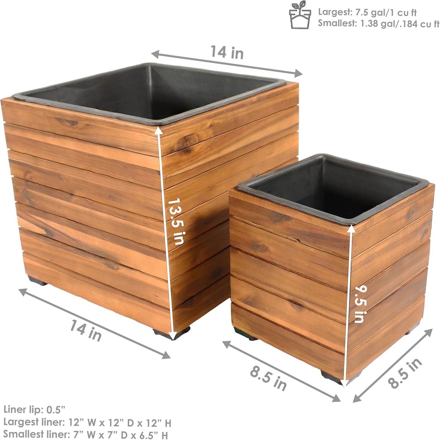 Sunnydaze Indoor/Outdoor Wooden Planter Boxes - 2 Acacia Wood Square Plant Pots with Removable Liners - Light Brown Stain