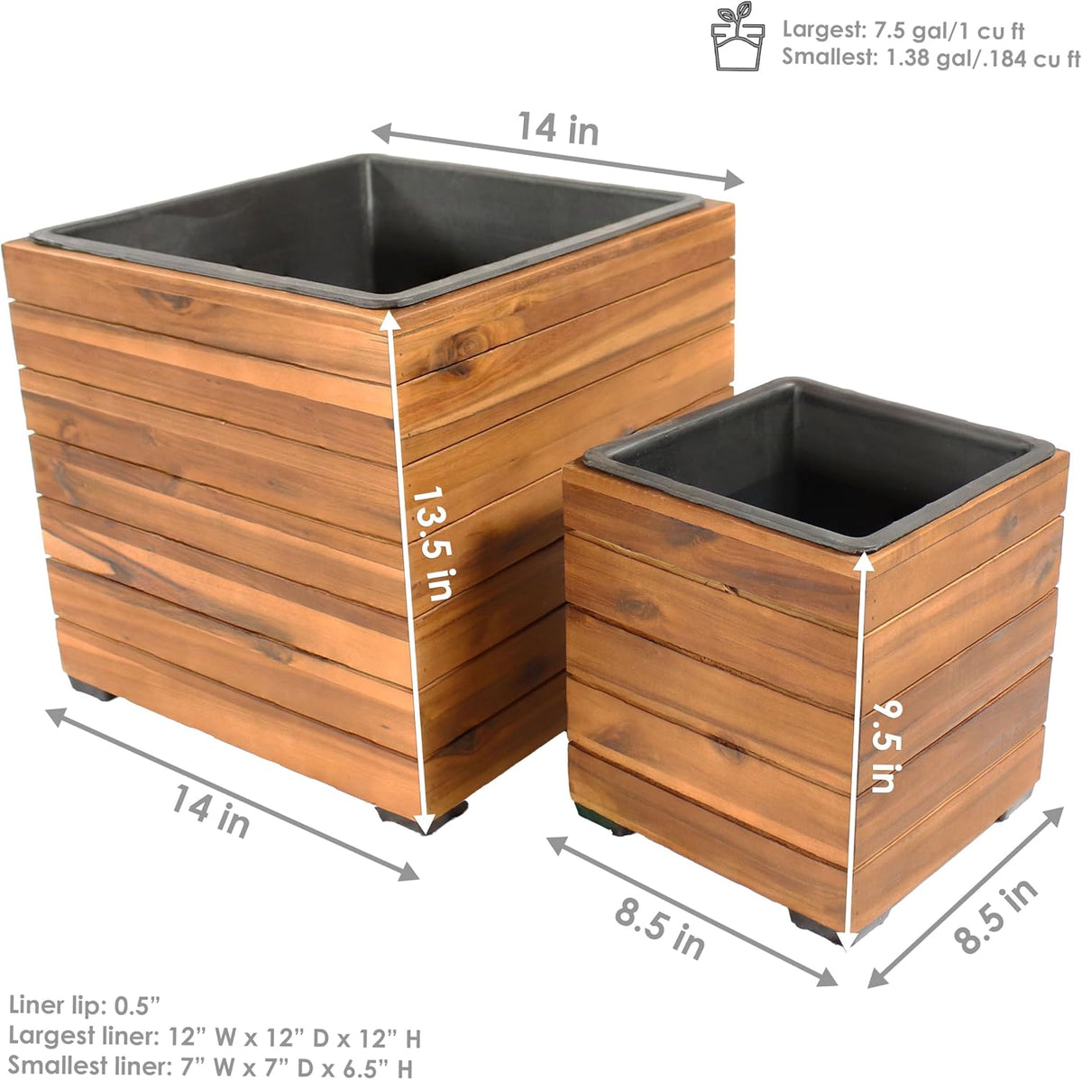 Sunnydaze Indoor/Outdoor Wooden Planter Boxes - 2 Acacia Wood Square Plant Pots with Removable Liners - Light Brown Stain
