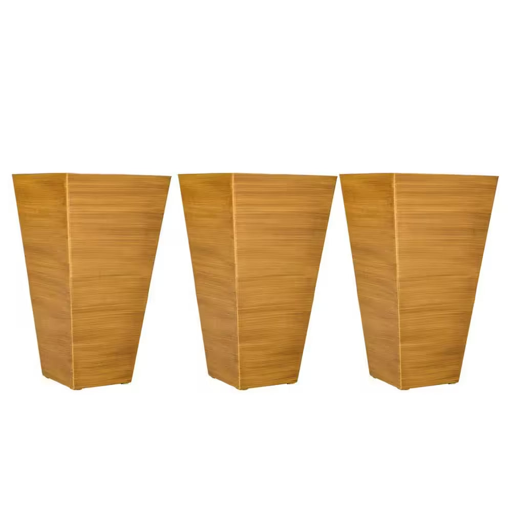 28 In. Tan Faux Wood Plastic Outdoor Planters, Large Taper Planters W/ Drainage Holes Plug for Garden, Patio, (Set of 3)