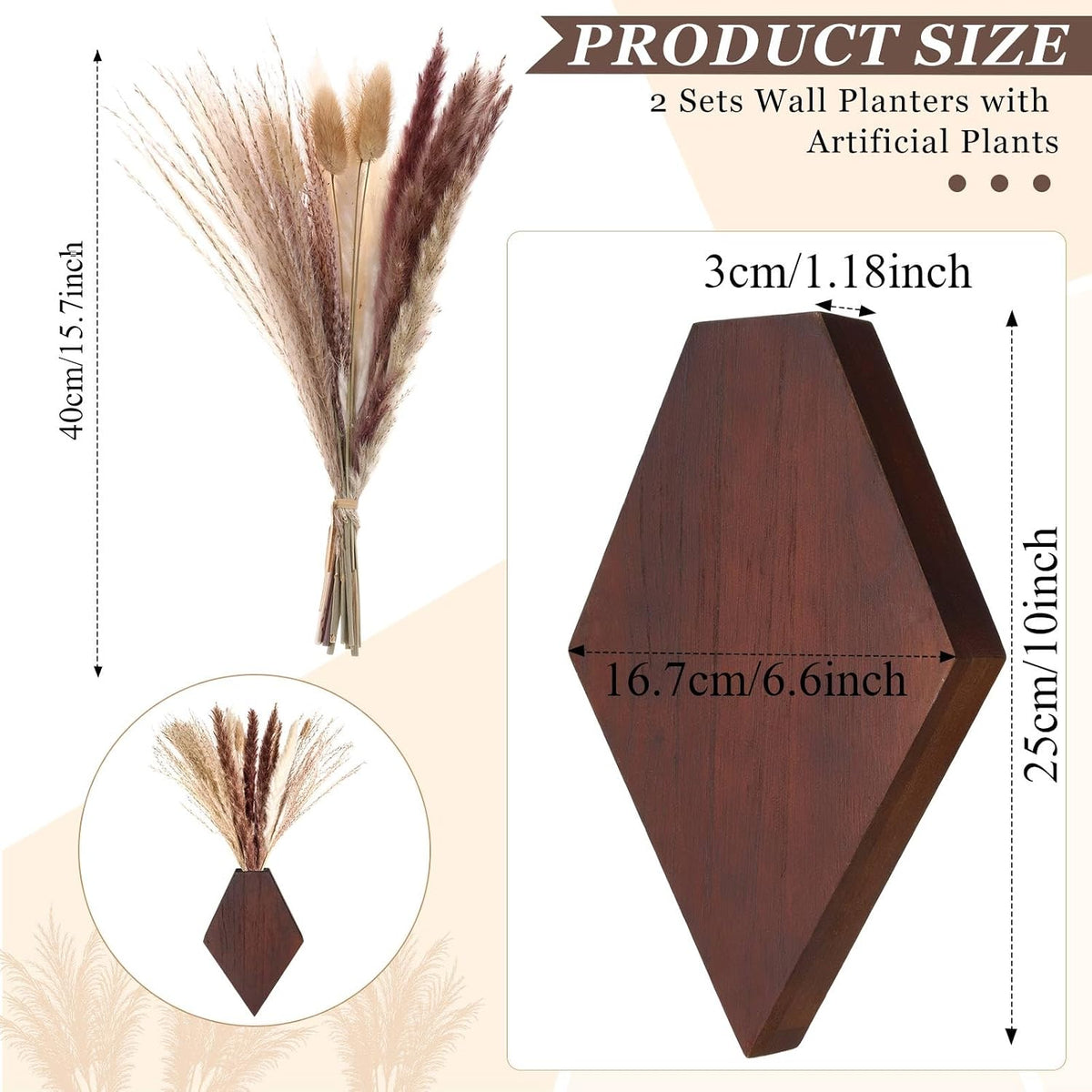 2 Pcs Bohemian Wooden Wall Planter Set with Pampas Grass Modern Farmhouse Wall Decor for Living Room, Bathroom, Bedroom, Office(Brown,Regular Style)