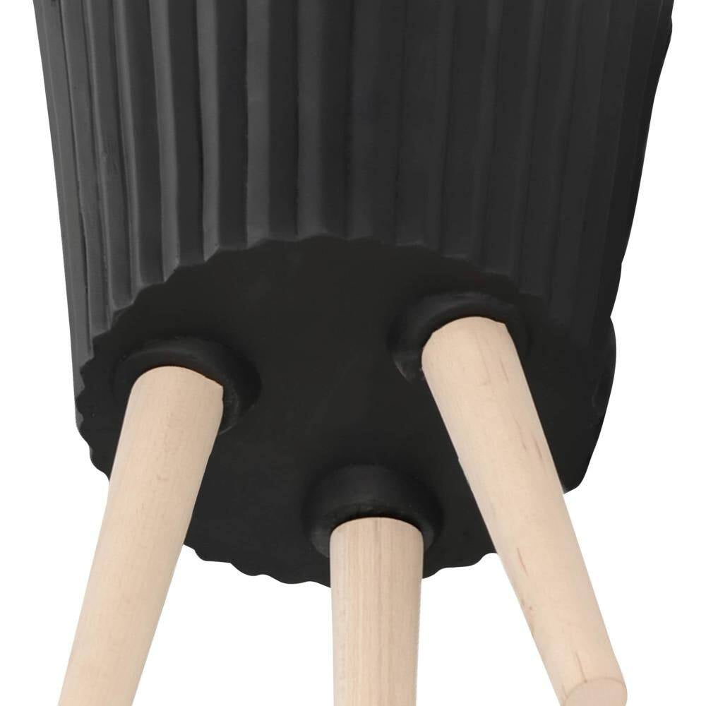 10 In. and 12 In. Black Resin Ridged Decorative Planter with Wood Legs (2-Pack)