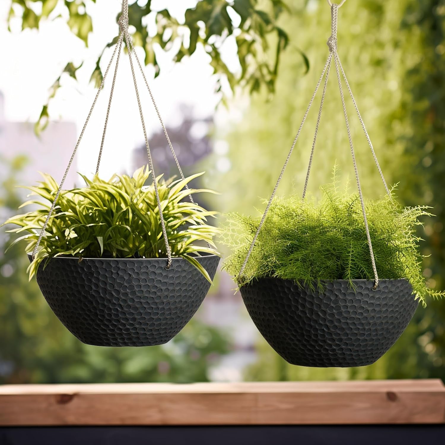 Hanging Planters for Outdoor Plants, Large Hanging Planter with Drain Holes, Outdoor Hanging Flower Pots, Matte Black, Honeycomb (13.2 Inch, Set of 2)