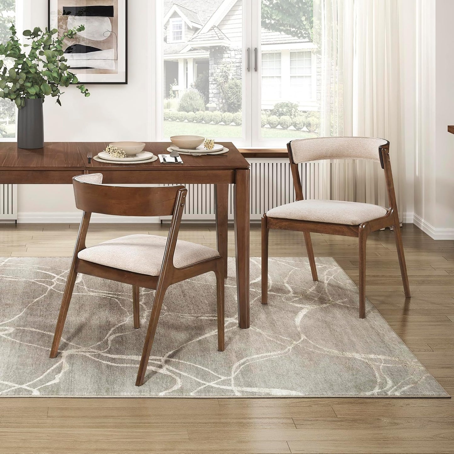 Kitchen & Dining Room Chairs, Dining Chairs Set of 2, Fabric Upholstered Dining Chairs, Rubberwood Armless Dining Chairs with Curved Back, Modern Dining Chair, Easy Assembly, Walnut