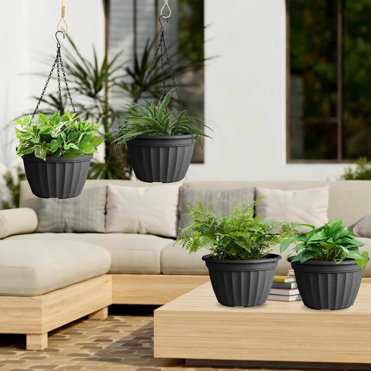 Hanging Planters 10 Inch 4 Pack,Hanging Baskets for Plants Outdoor | Self Watering Plastic Hanging Flower Pots with Soil Elevator and 20" Chain for Home Garden Porch Balcony Patio Decor(Black)