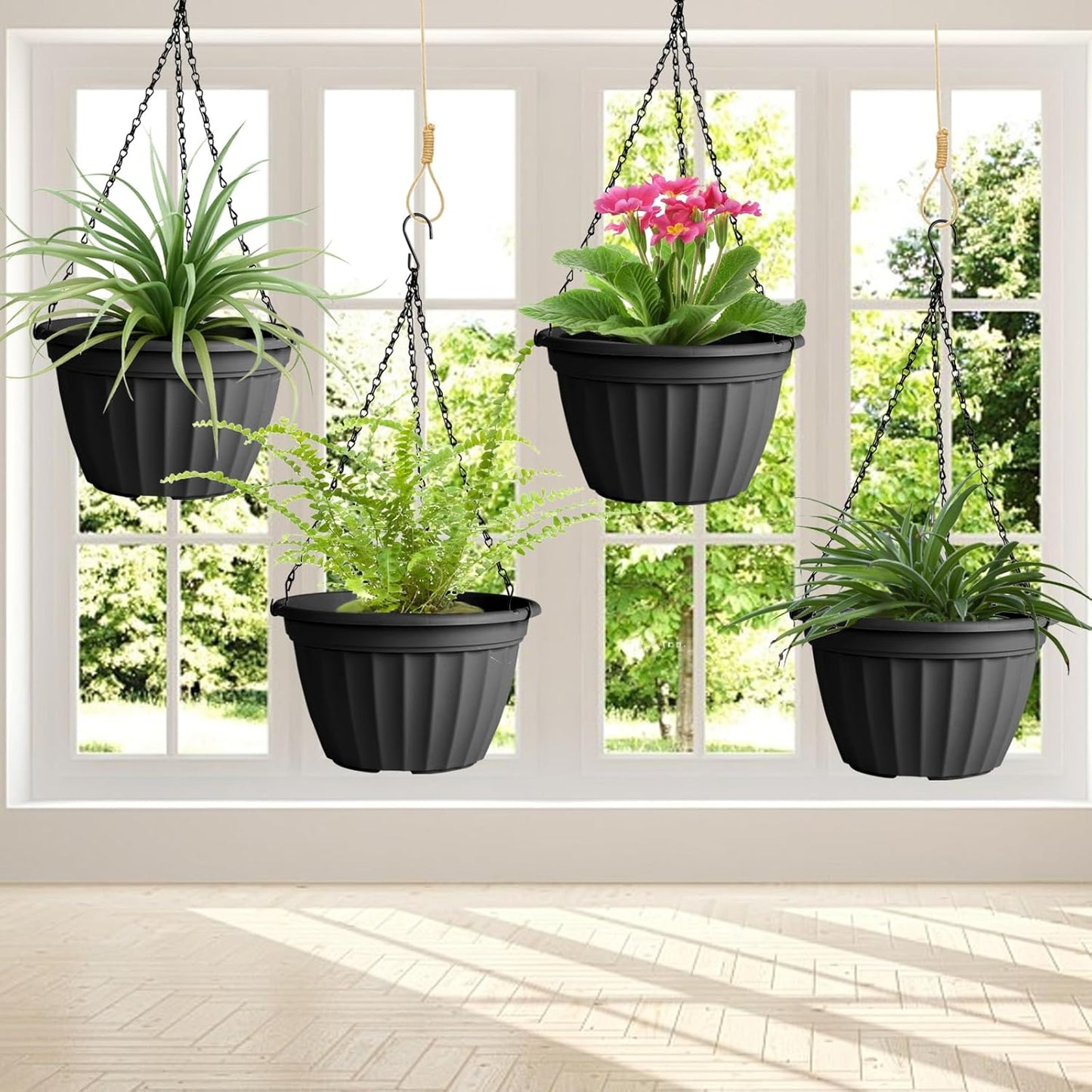 Hanging Planters 10 Inch 4 Pack,Hanging Baskets for Plants Outdoor | Self Watering Plastic Hanging Flower Pots with Soil Elevator and 20" Chain for Home Garden Porch Balcony Patio Decor(Black)