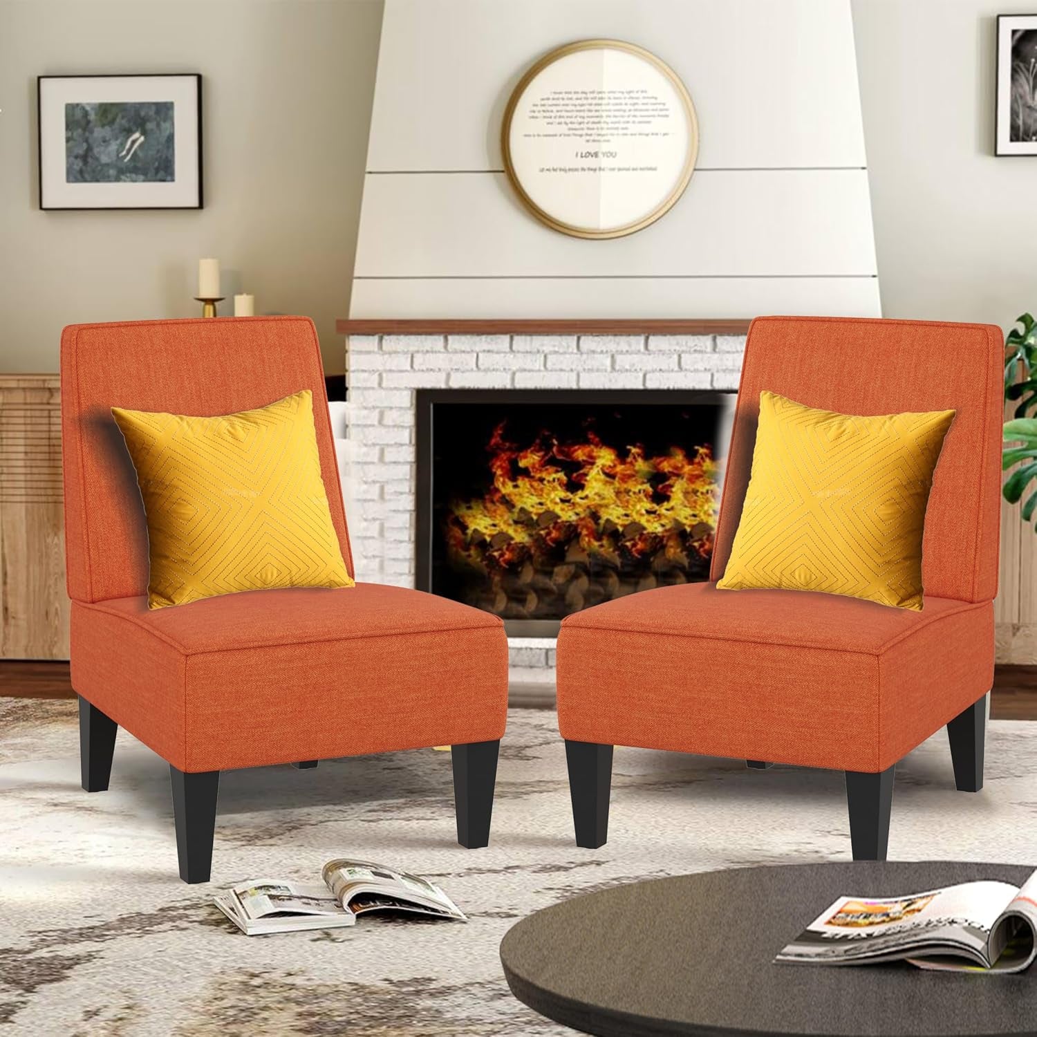 Accent Chairs Set of 2 Upholstered Living Room Chairs Armless Side Chairs Bedroom Chairs with Curved Backrest and Wooden Legs Orange