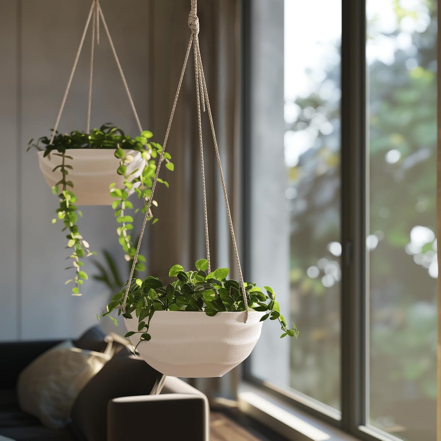 10 Inch Hanging Planters for Indoor Plants, Outdoor Garden Planter Pots with Self-Watering Tray, Eggshell White, Set of 2