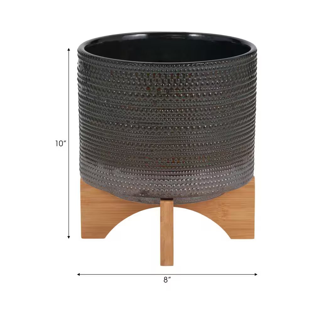 8 In. W X 10 In. Green Ceramic Dotted Decorative Pot on Wooden Stand