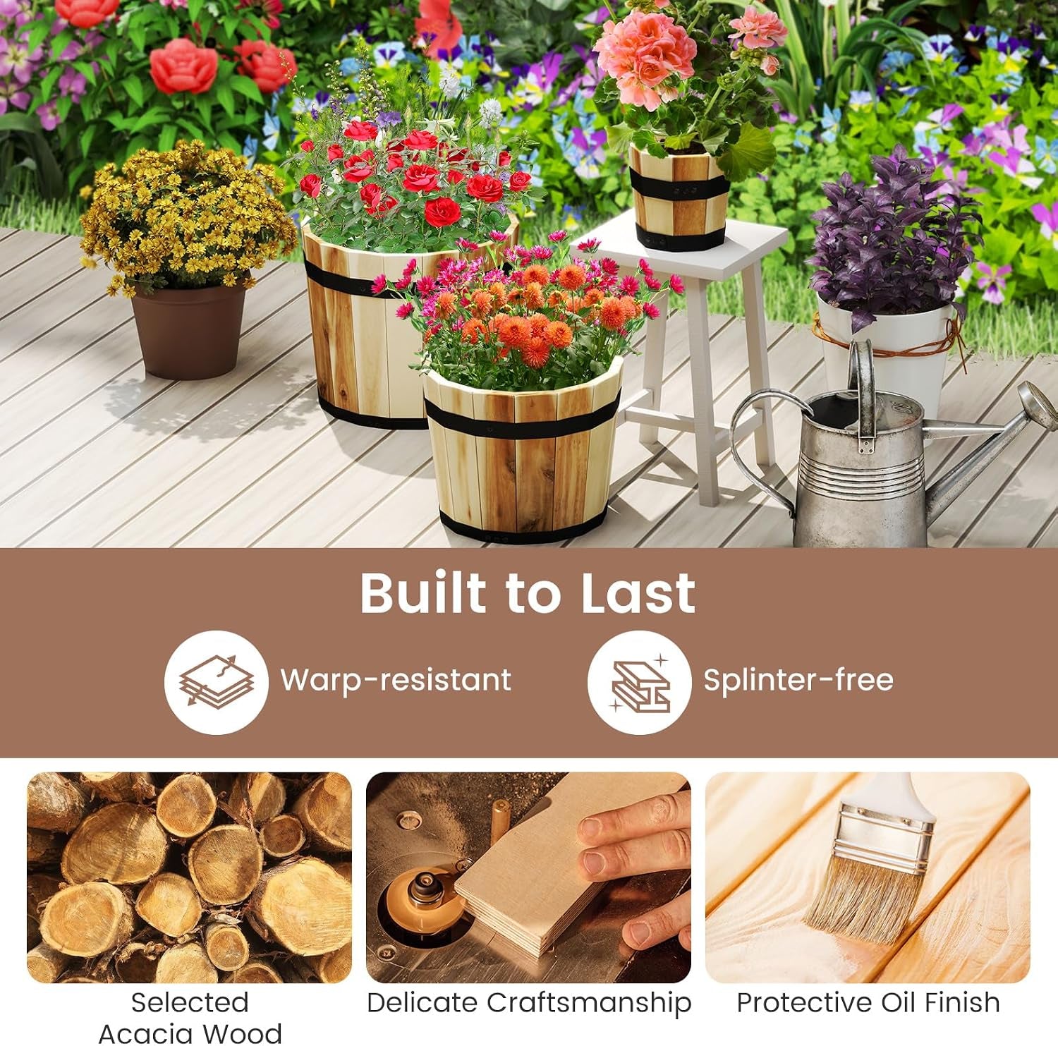 Wooden Plant Pots, 3 Solid Acacia Wood Whiskey Barrel Planters W/Drainage Holes for Flower Herb Shrub, Multi Sizes Indoor Outdoor Patio Planting Flower Pots Home Decoration