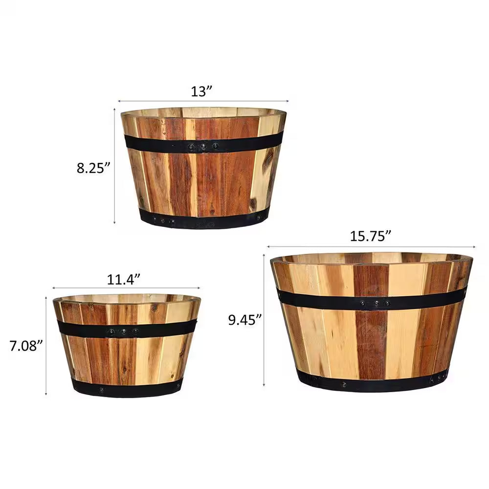 Acacia Wood Barrel Planters (Set of 3)