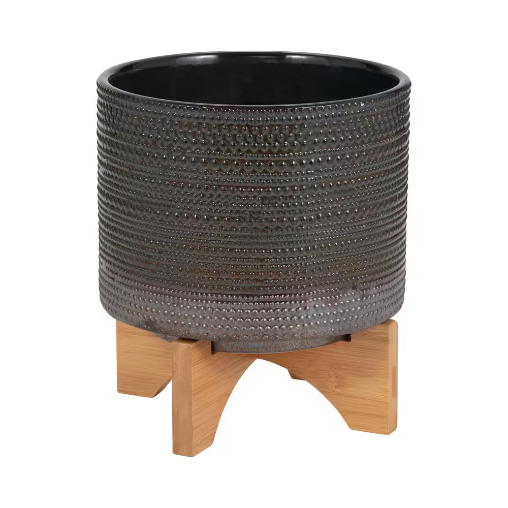 8 In. W X 10 In. Green Ceramic Dotted Decorative Pot on Wooden Stand