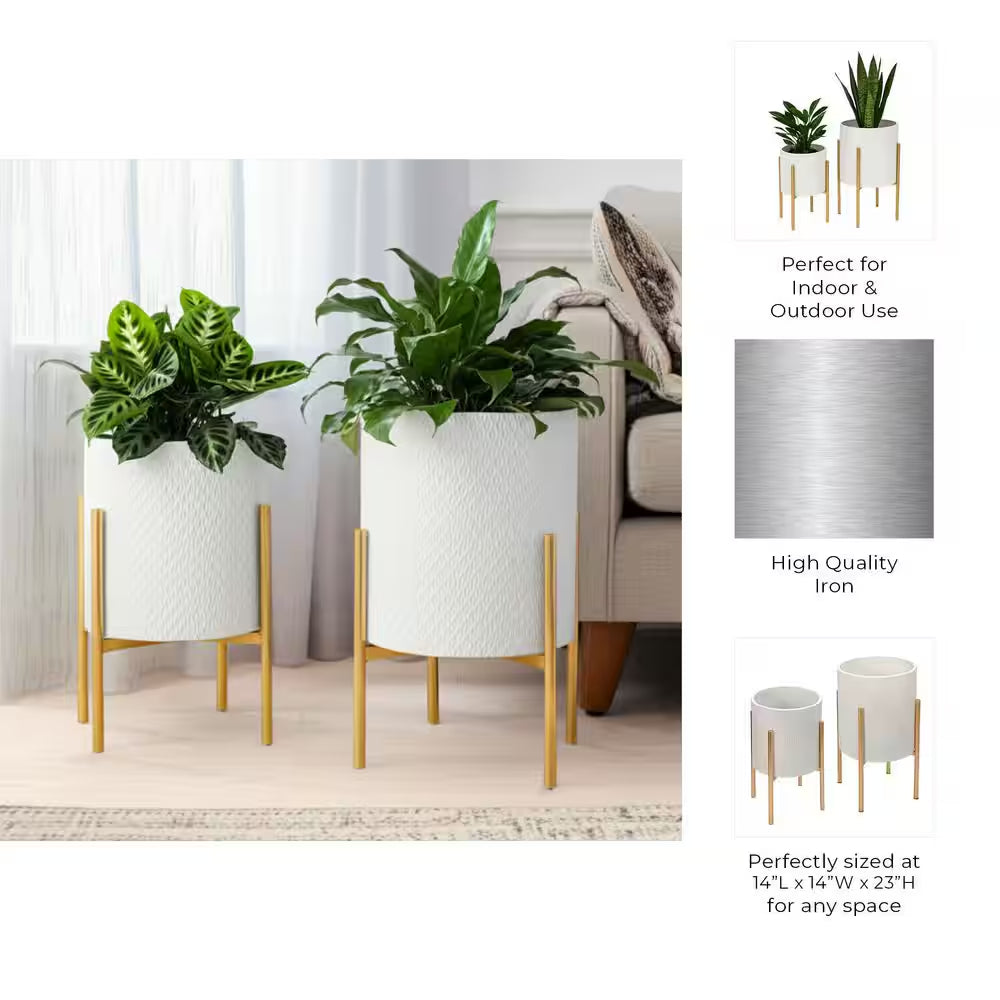 11 In. and 14 In. White Metal with Stand Planters (Set of 2)
