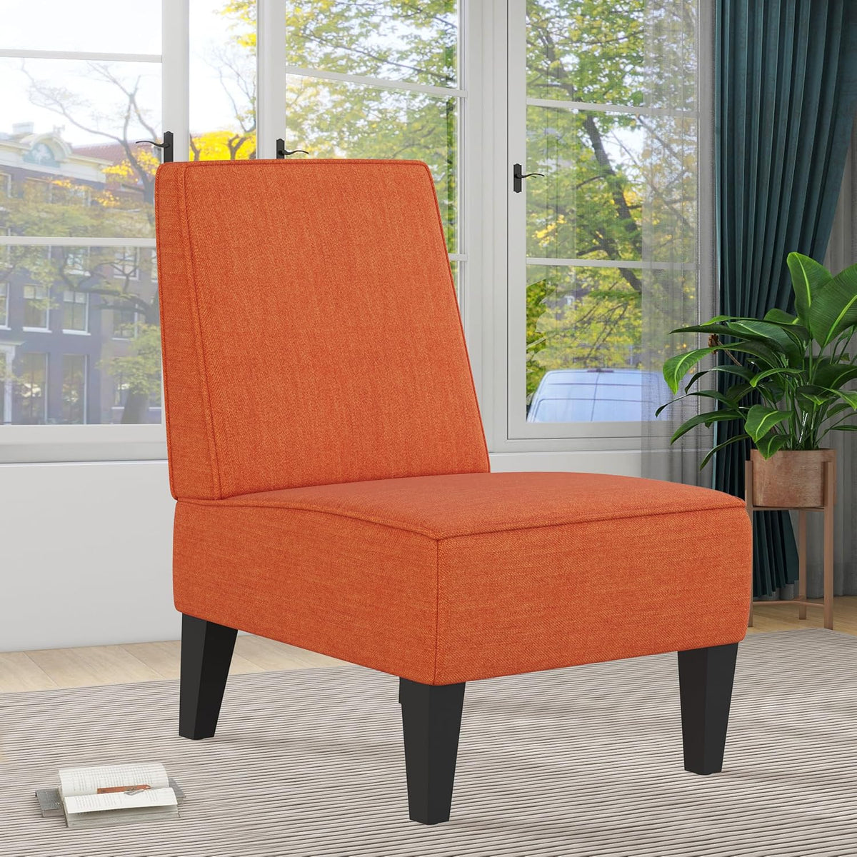 Accent Chairs Set of 2 Upholstered Living Room Chairs Armless Side Chairs Bedroom Chairs with Curved Backrest and Wooden Legs Orange