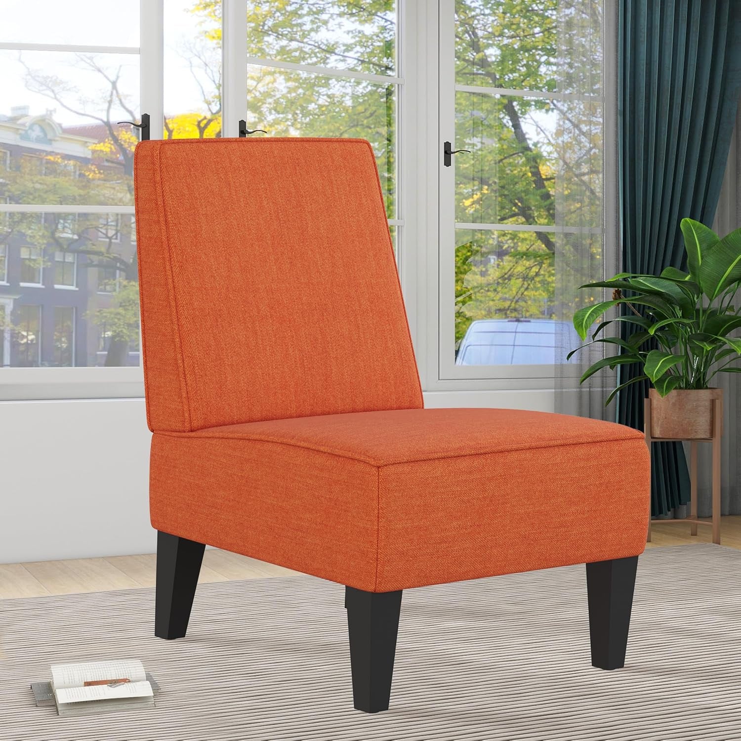 Accent Chairs Set of 2 Upholstered Living Room Chairs Armless Side Chairs Bedroom Chairs with Curved Backrest and Wooden Legs Orange