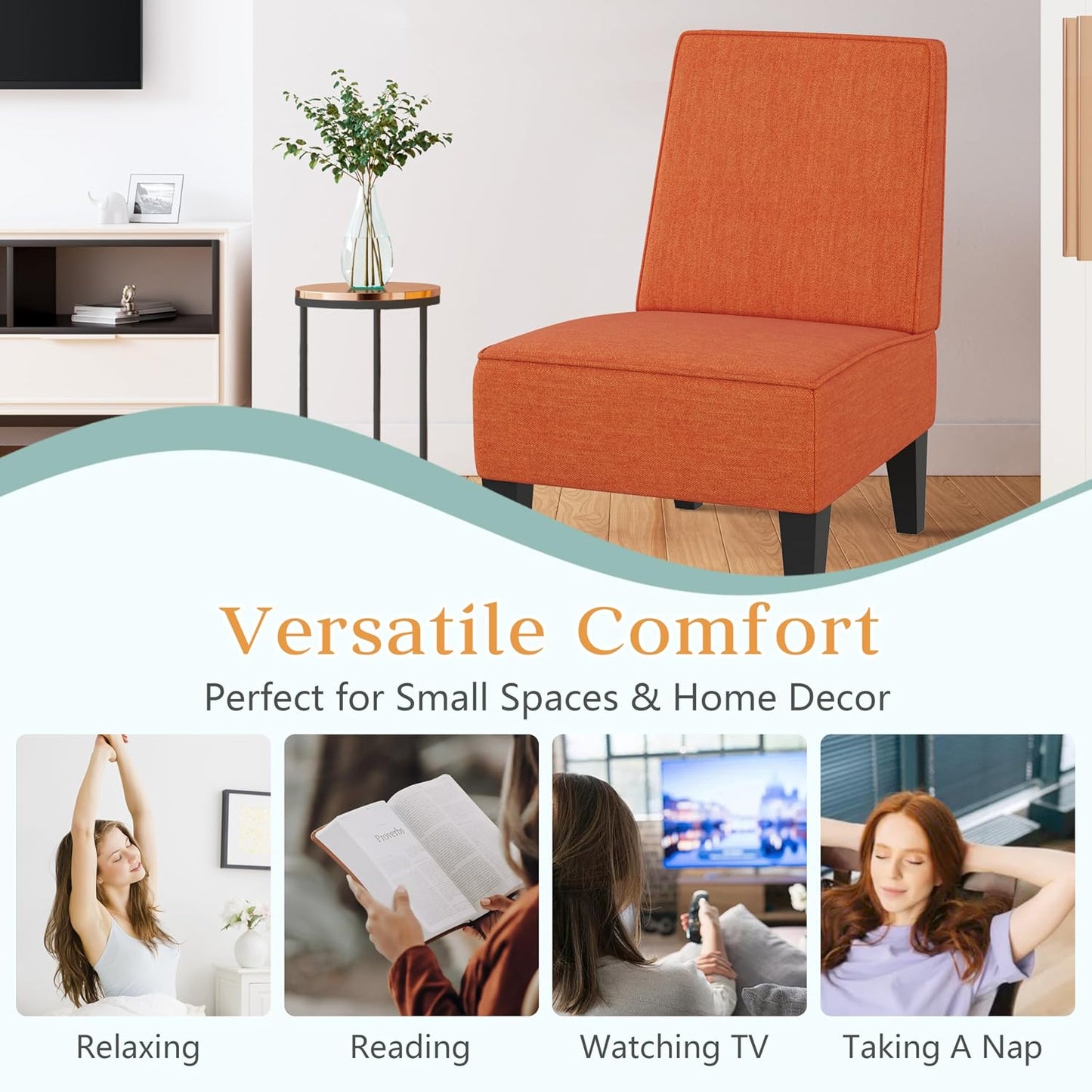 Accent Chairs Set of 2 Upholstered Living Room Chairs Armless Side Chairs Bedroom Chairs with Curved Backrest and Wooden Legs Orange