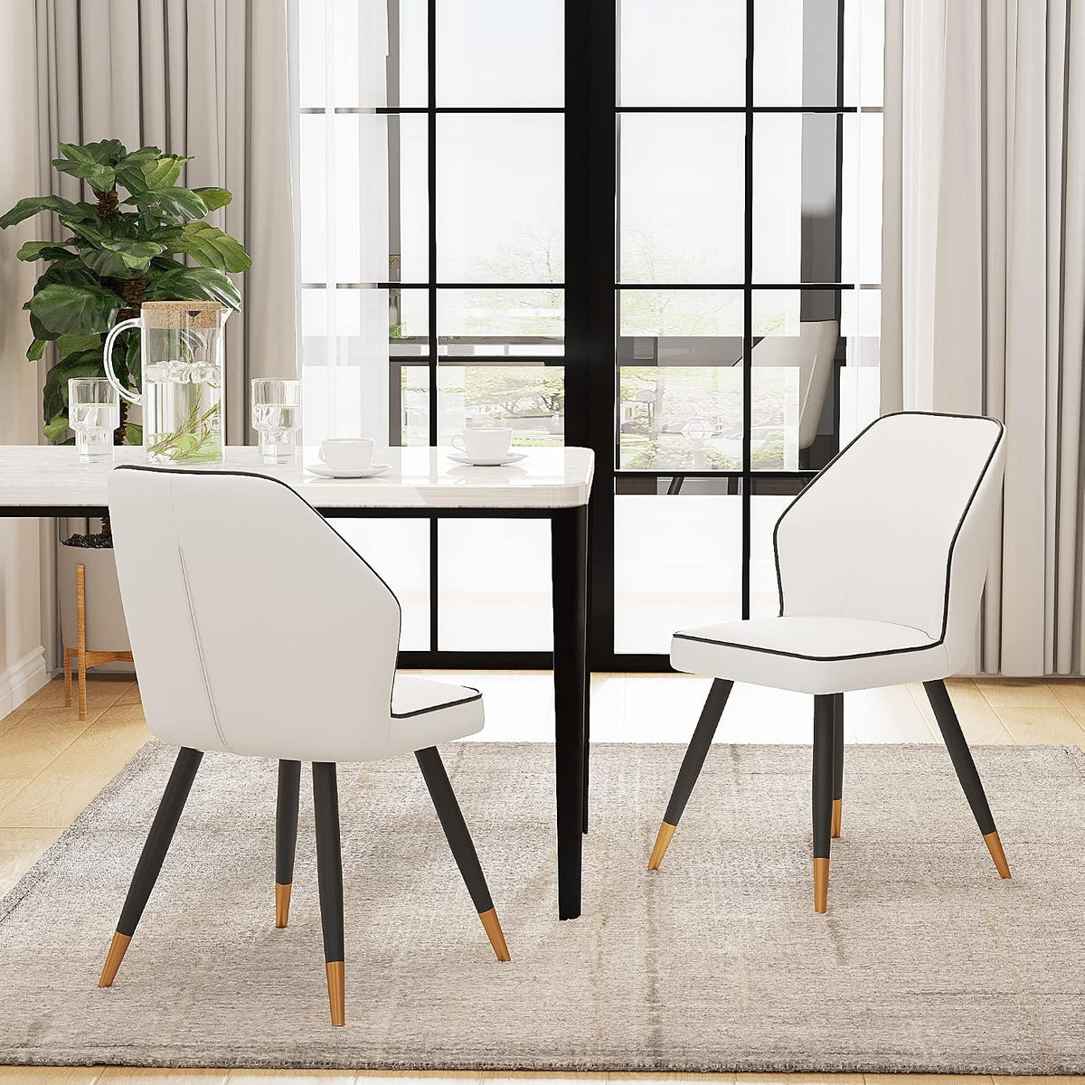 White Faux Leather Dining Chairs Set of 2, Modern Upholstered Accent Kitchen Dining Room Chairs Armless Side Chairs with Metal Legs