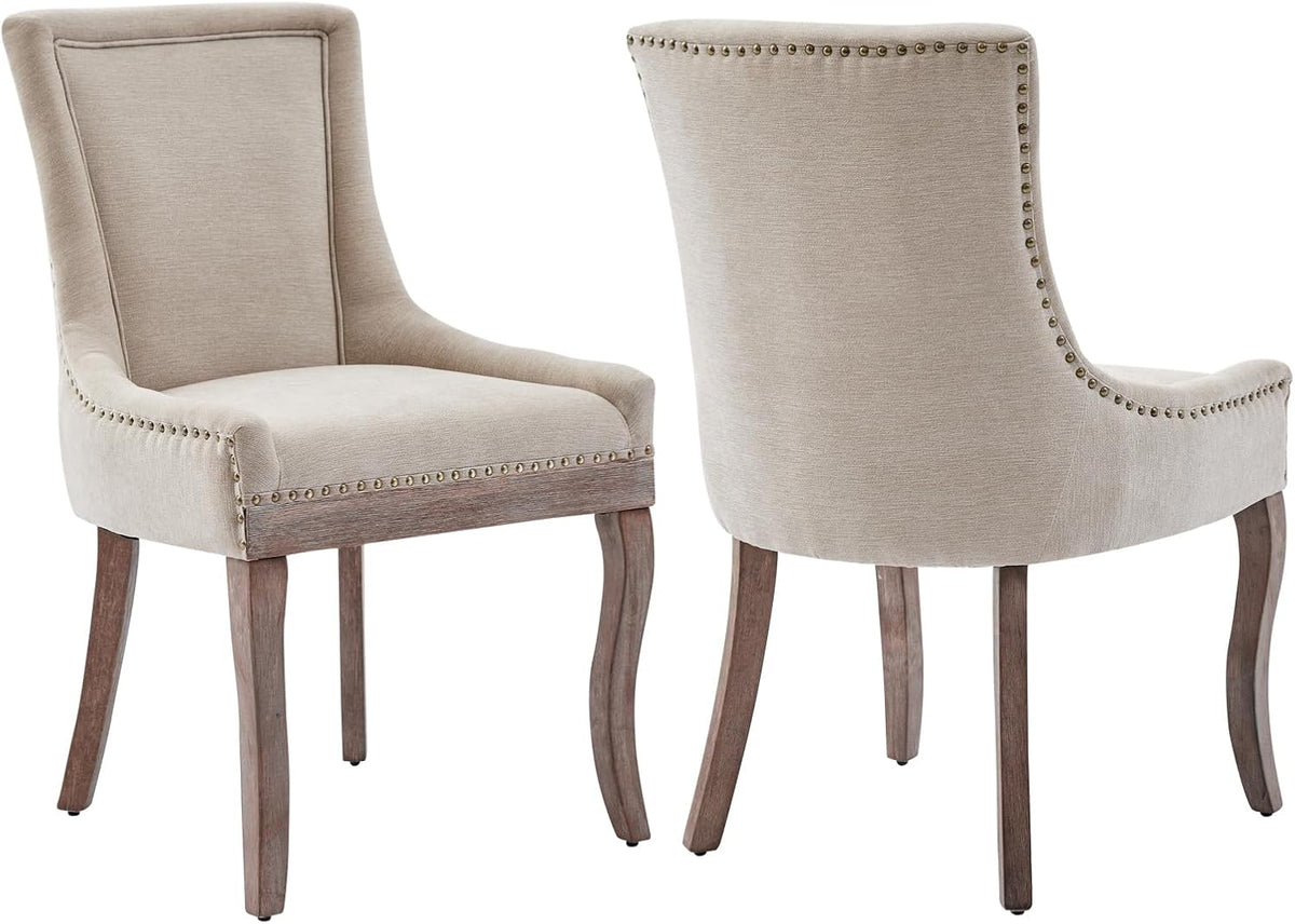 Beige Dining Chairs Set of 2, Fabric Upholstered Kitchen Chairs | High Back; Nailhead Trim; Solid Wood Legs; Farmhouse Style; Heavy Duty Dining Chairs 400 Lb Capacity;Easy Assembly;Modern