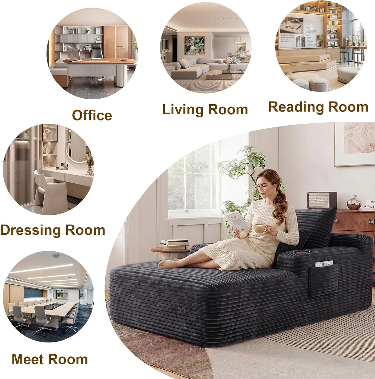 65" Oversized Chaise Lounge Chair Indoor, Boneless Chaise Lounge Chair with Cup Holders Side Pockets 3 Pillows, Cloud Corduroy Chaise Sofa Bed Sleeper Couches for Living Room No Assembly Require,Grey