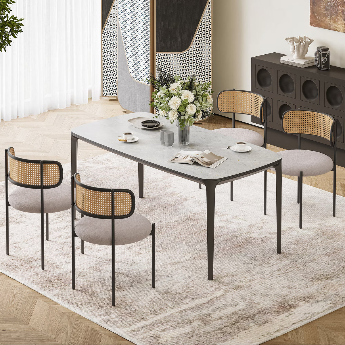 Dining Chairs Modern Upholstered Dining Chairs Set of 2,Rattan Back Dining Room Chairs,Accent Kitchen Chairs with Metal Legs,Dining Room Seating
