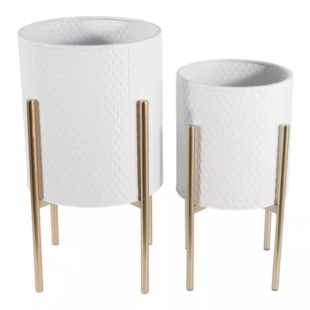 11 In. and 14 In. White Metal with Stand Planters (Set of 2)