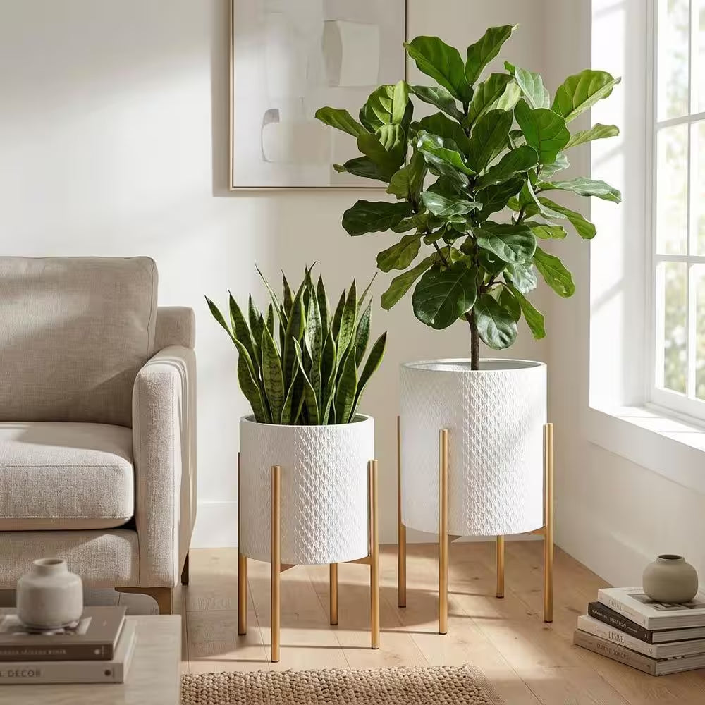 11 In. and 14 In. White Metal with Stand Planters (Set of 2)