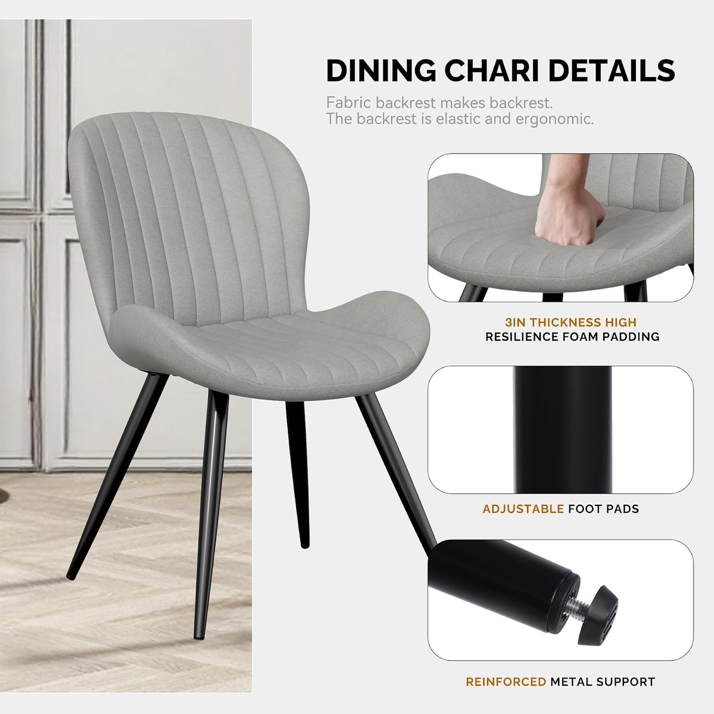 Upholstered Dining Chairs Set of 2, Dining Room Kitchen Chairs | Modern Dining Room Chairs, Comfy Backrest Thick Upholstered Kitchen Chairs, 19IN Height with Metal Legs, Grey