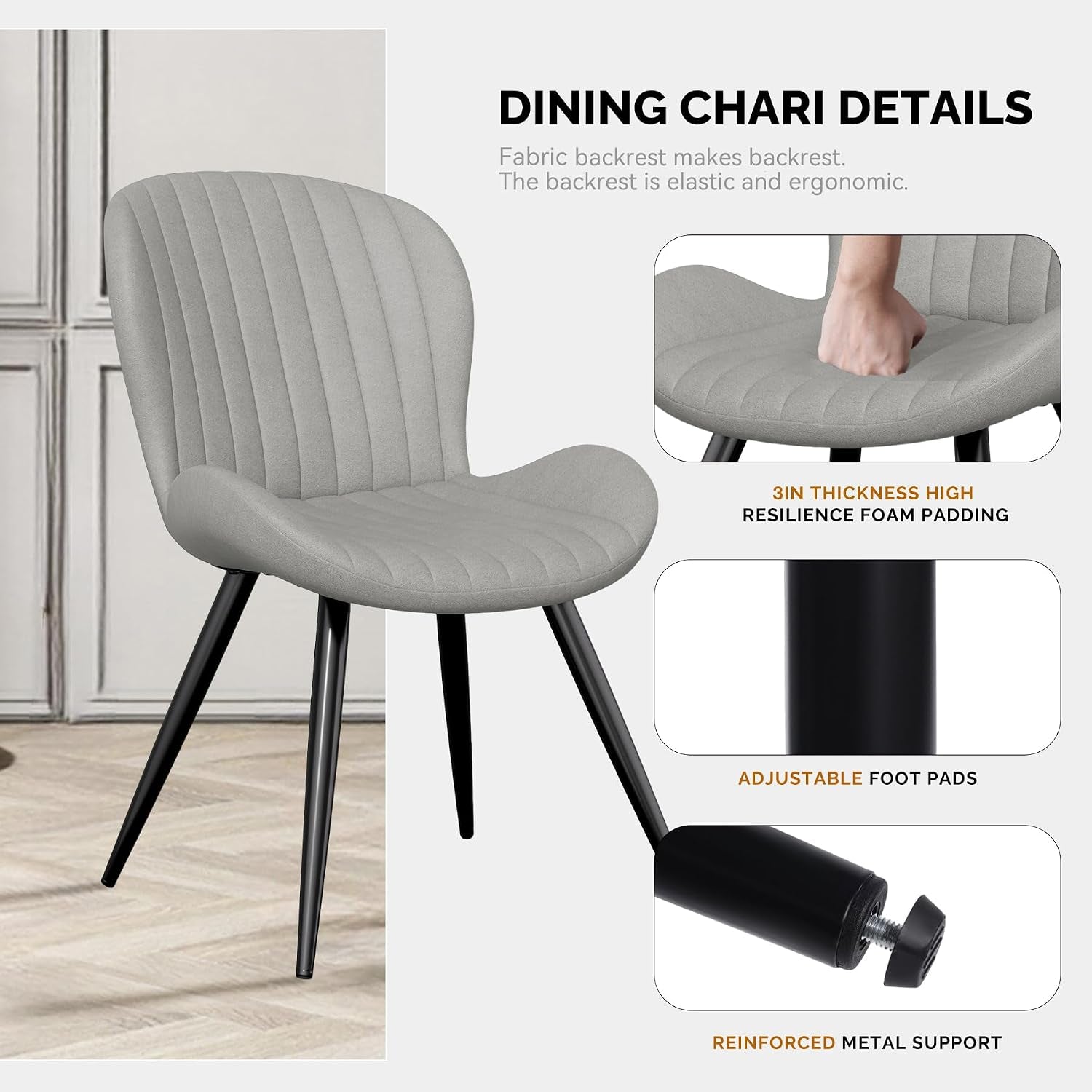 Upholstered Dining Chairs Set of 2, Dining Room Kitchen Chairs | Modern Dining Room Chairs, Comfy Backrest Thick Upholstered Kitchen Chairs, 19IN Height with Metal Legs, Grey