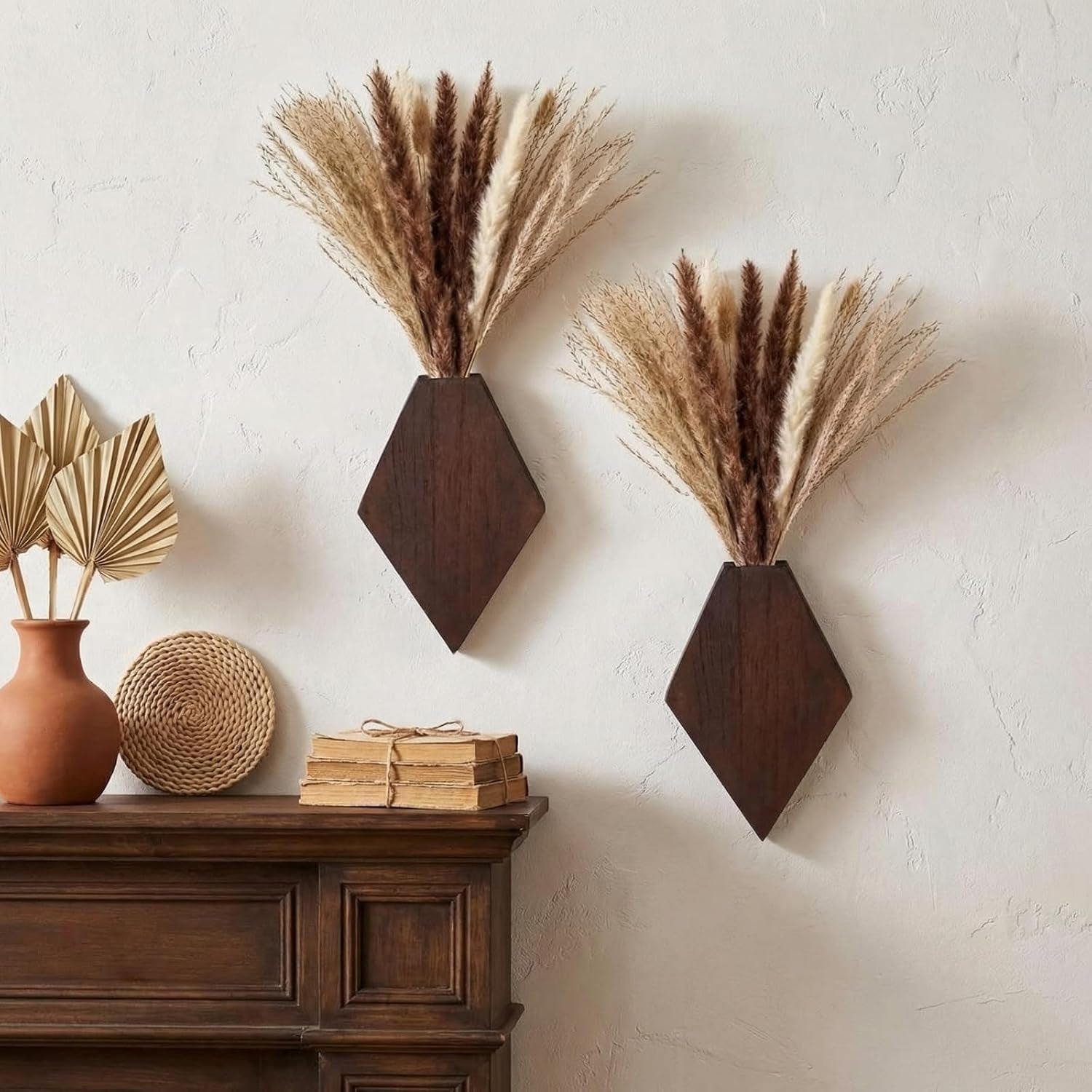 2 Pcs Bohemian Wooden Wall Planter Set with Pampas Grass Modern Farmhouse Wall Decor for Living Room, Bathroom, Bedroom, Office(Brown,Regular Style)